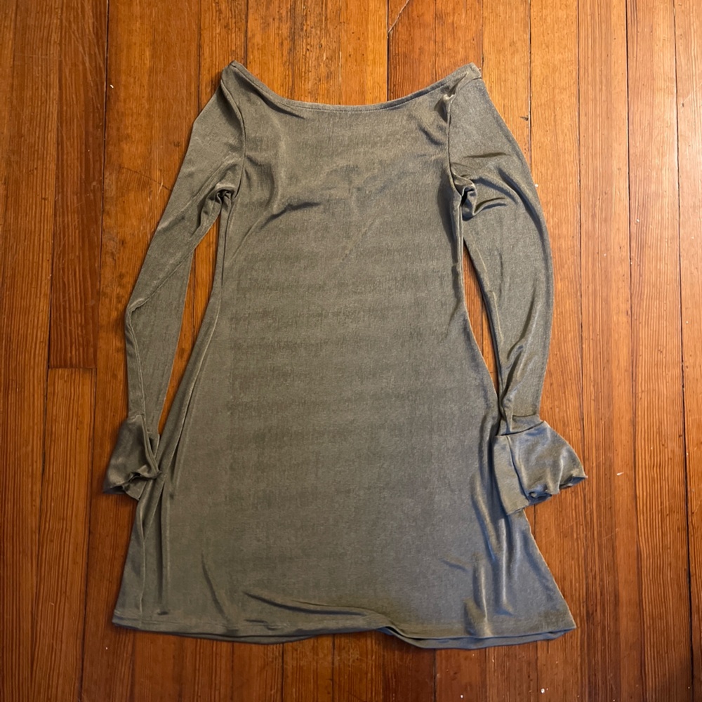 Fruity Booty Slinky Dress in Taupe Greige Grey Beige Metallic Jersey Knit Frill - Picture 6 of 8